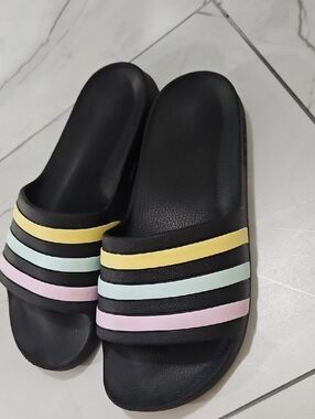 adidas Black Slides with Pastel Yellow, Mint, and Light Pink Stripes